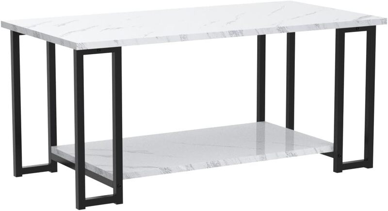 Comfort Corner Coffee Table, Faux Marble Top Rectangular Coffee Table 2 Tier Living Room Table for Living Room, Office, Balcony