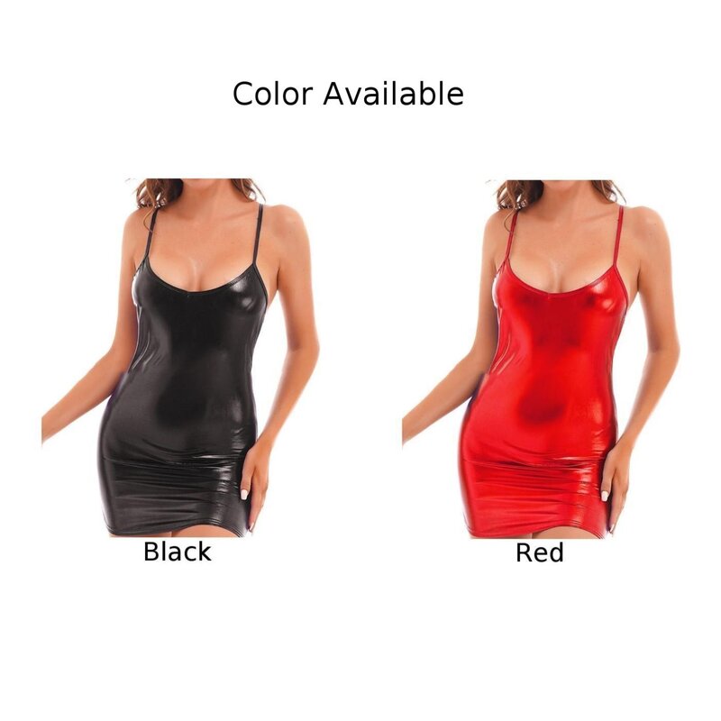 Sexy Women Shiny Wet Look PU Leather Nightdress Suspender Package Hip Bodycon Short Dress Night Club Party Dance Seductive Wear