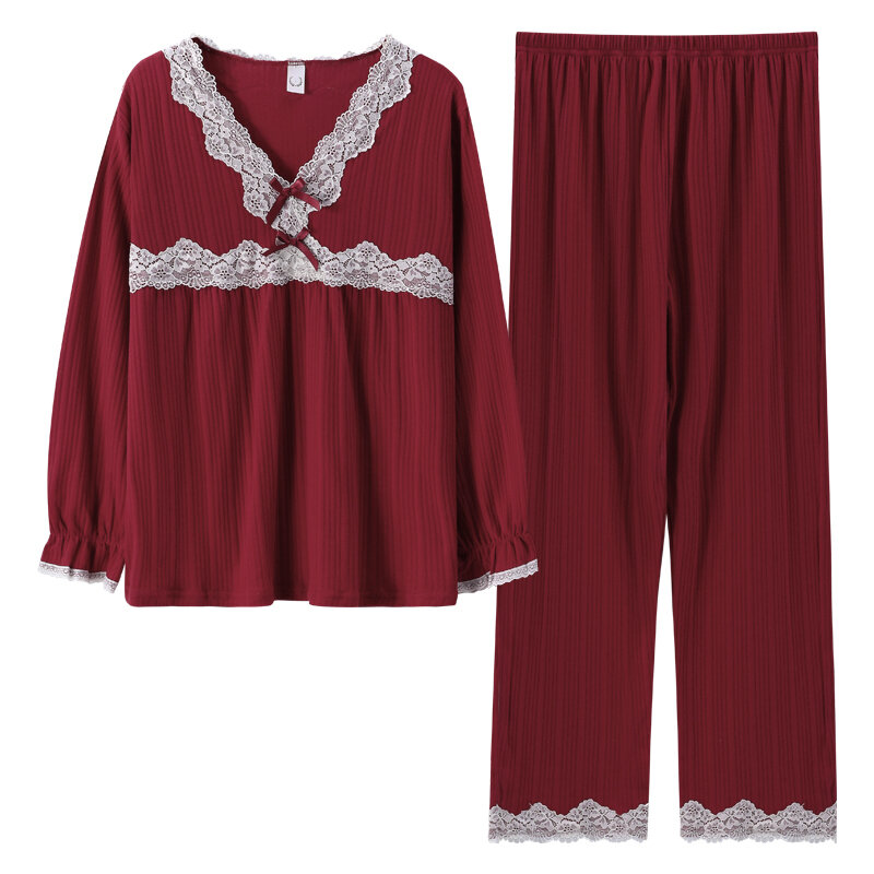 Женская кружевная Пижама с V-образным вырезом и длинным рукавом