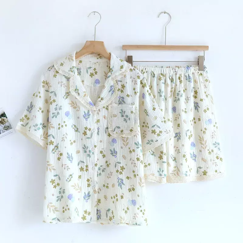 Pijama de dos piezas con estampado Floral para mujer, ropa de dormir de manga corta, de algodón, con solapa fina, para verano