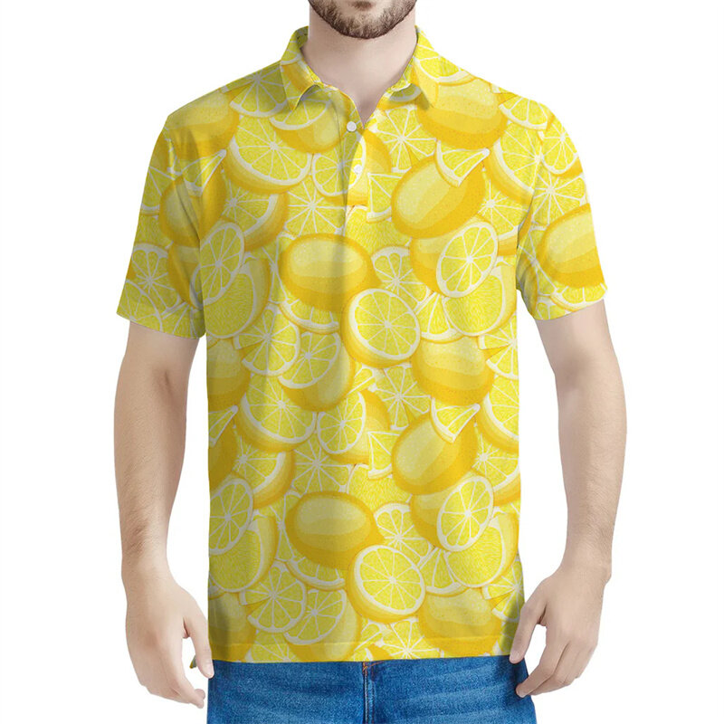 Polo de limón amarillo de dibujos animados para hombre, Camiseta holgada de manga corta con estampado 3d de frutas y botones, Tops informales de verano con solapa