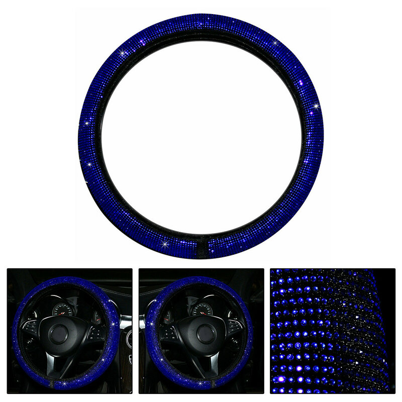 Coprivolante per auto con strass nero peluche blu moda aggiornamento universale 1 X accessori cristallo durevole