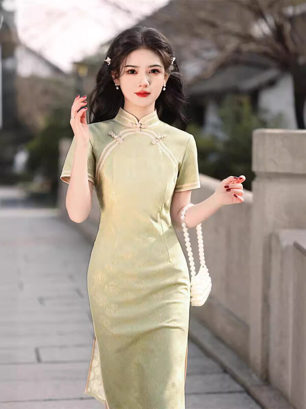 2024 Spring/Summer New Lace Round Neck Mid length Qipao Girl's Short sleeved Standing Neck Chinese Style Cheongsam