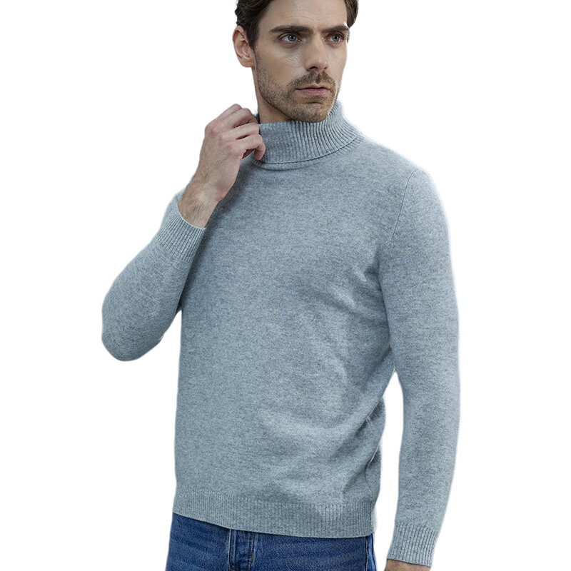 Suéteres de punto de Cachemira para hombre, Jersey grueso de manga larga con cuello alto de lana merina, ropa de otoño e invierno, 100%