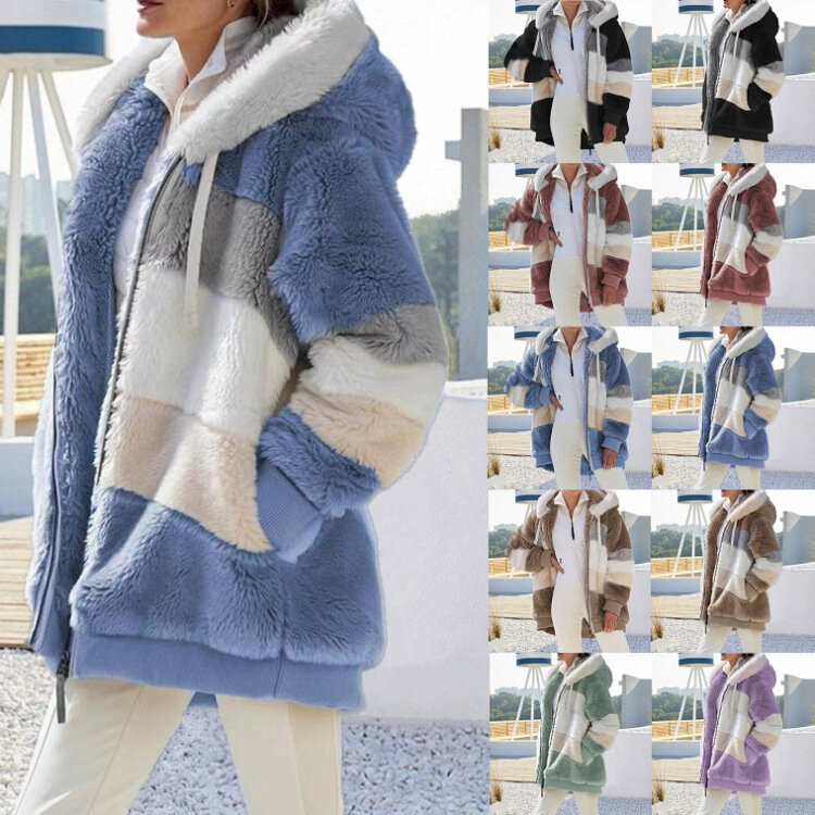 Casaco acolchoado de pelúcia contrastante feminino, ajuste solto, fecho de zíper, capuz, várias cores, Casacos, Inverno, Novo, 2022
