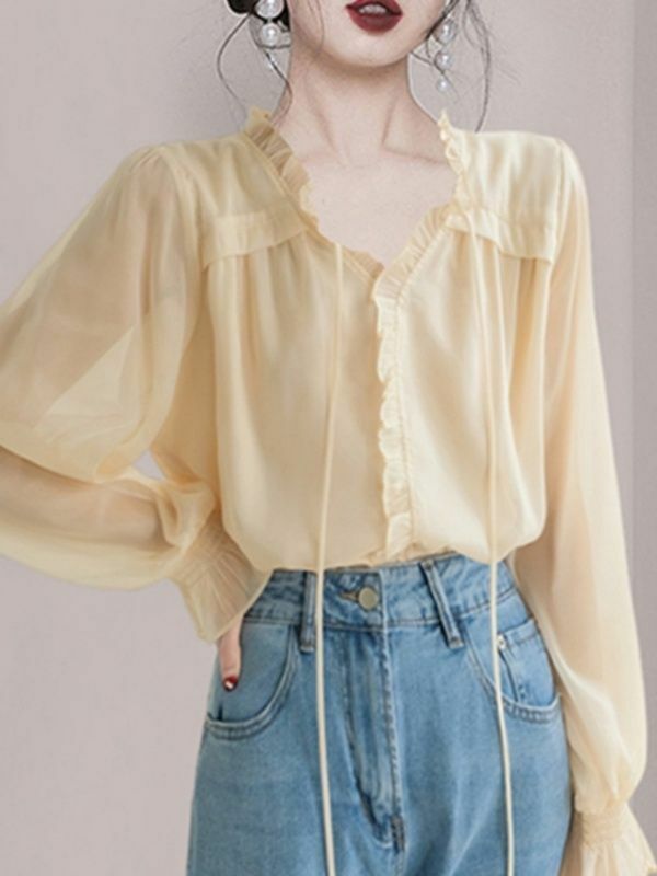 Spring Autumn New Fashion Elegant V-neck Flare Sleeves Blouse Solid Color Loose Casual Versatile Commuter Clothing Women Shirt