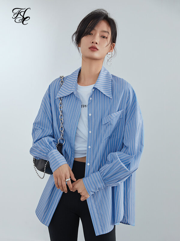 Fsle oversized azul listrado blusa casual camisa feminina streetwear elegante botão para cima camisa feminina manga longa primavera topo
