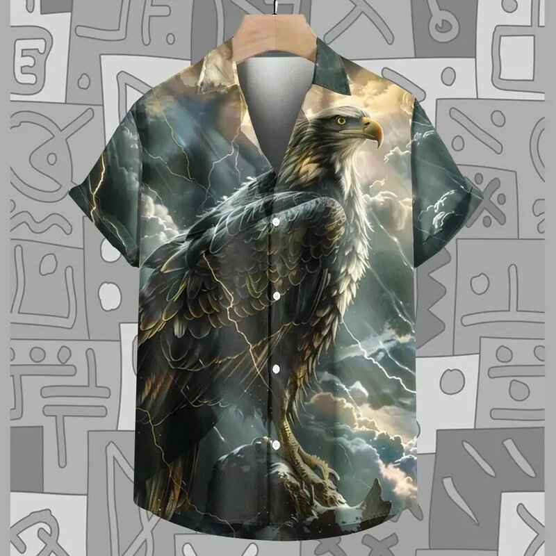 Animal Pattern Shirt For Men Casual Eagle Print Short Sleeved Shirt Lapel Collar Tops Original Men's Tee Oversized Button Blouse