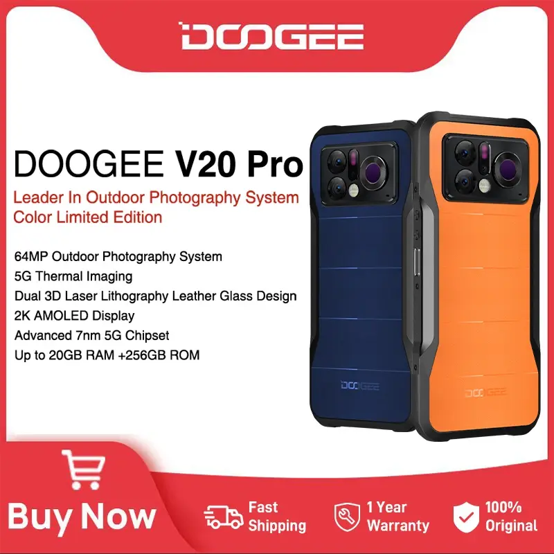 Doogee-V20 Telefone Robusto Pro, Imagem Térmica, Avançado 7nm, Chipset 5G, 2K AMOLED Display, 12GB + 256GB, 1440x1080, 6.43 ", Estreia Mundial