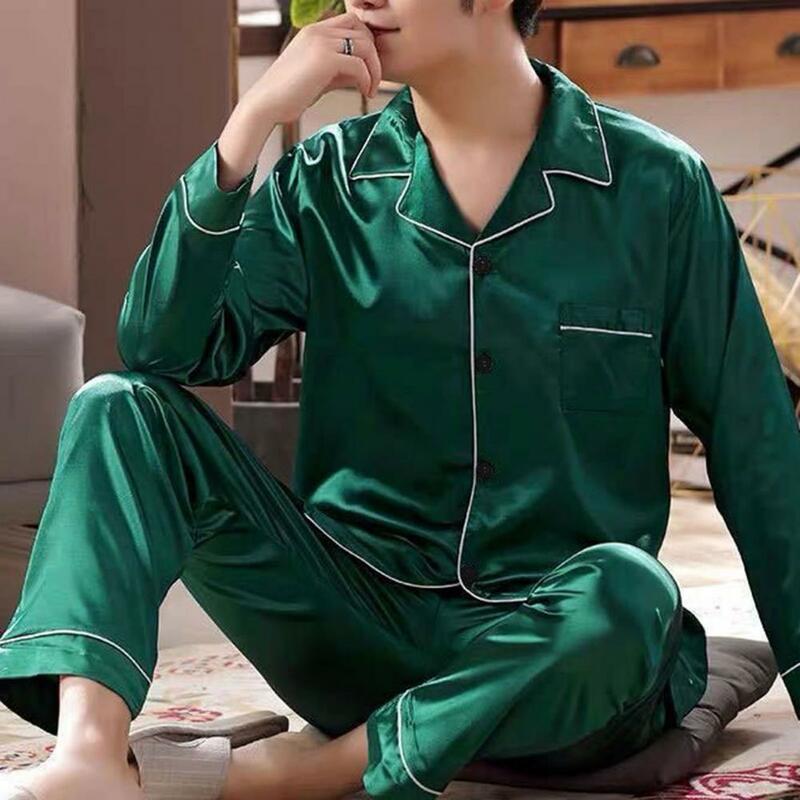 Pijama de manga larga para hombre, conjunto de dos piezas con cuello vuelto, botones, Top y pantalones, ropa de dormir suelta para el hogar