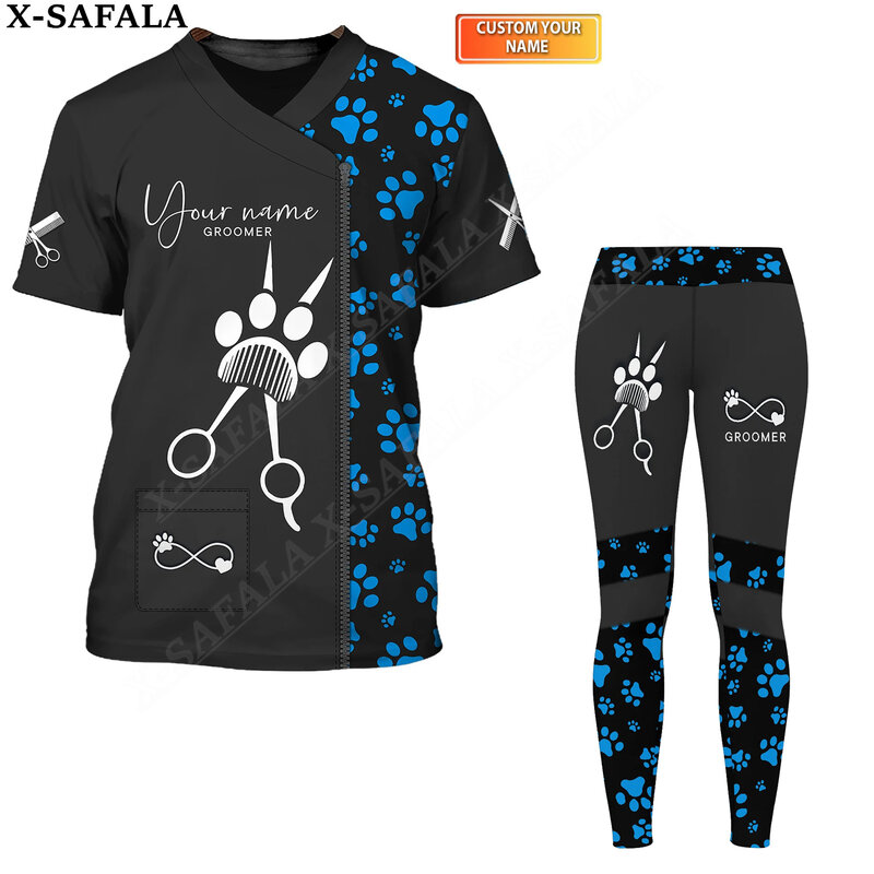 Groomer-Camiseta de salón de aseo de estilo perro para mujer, conjunto de Leggings con estampado 3D, camiseta de alta calidad, Top informal de cuello redondo para mujer, Top-7