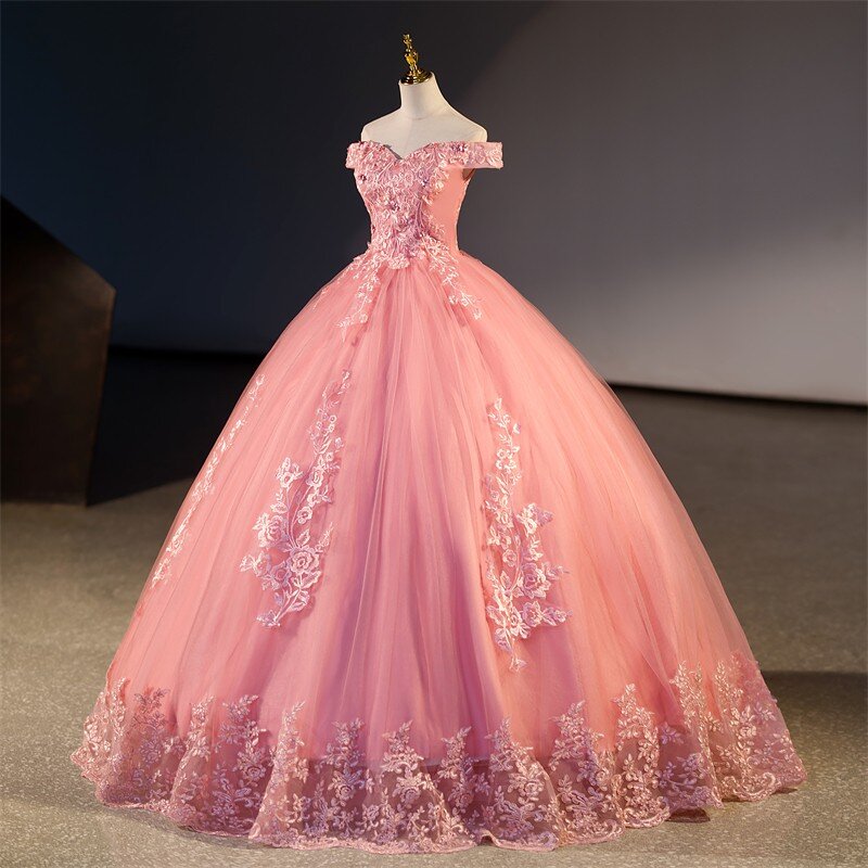 Letnia nowa różowa sukienka Quinceanera elegancka sukienka z odkrytymi ramionami słodki kwiat suknia balowa klasyczne koronki sukienka na studniówkę
