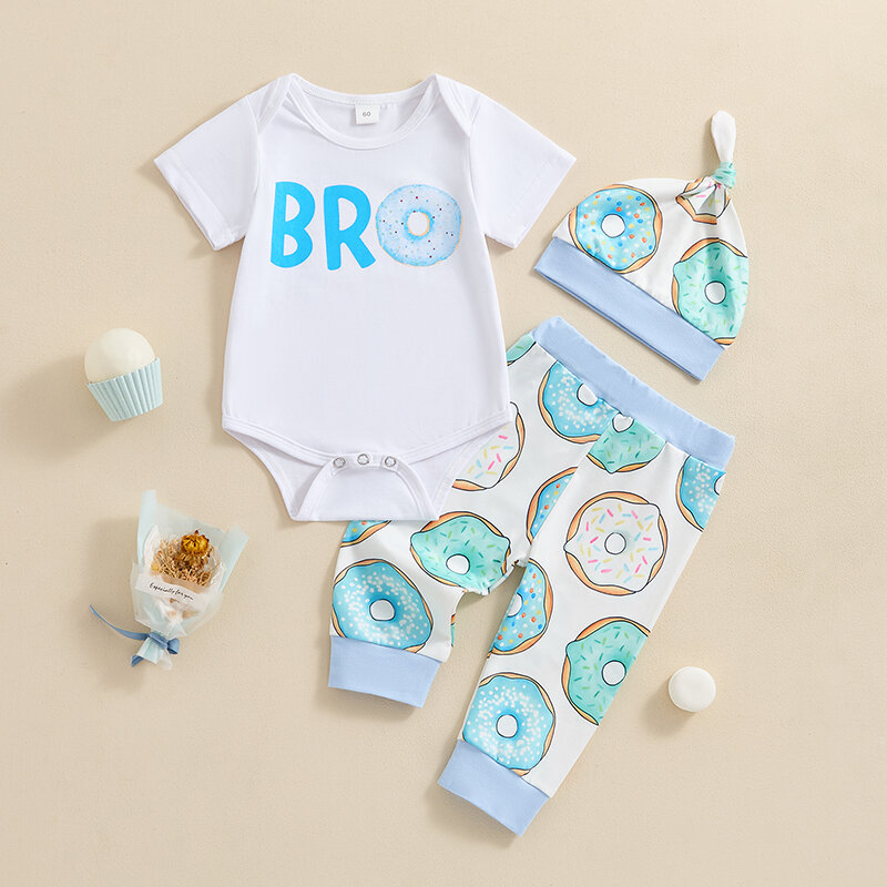 2024-04-03 lioraitiin Baby Boy Birthday Outfit Letter Print Short Sleeves Romper and Donut Print Pants Beanies Hat Set Clothes