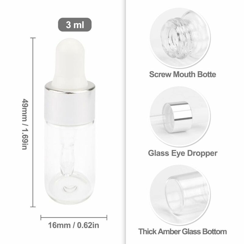 زجاجات من الزجاج الشفاف مع قطارة للعين ، قارورة عينات فارغة ، معمل علاج بالروائح العطرية ، 3 * ، 15 *