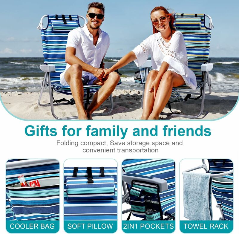 Chaise de plage pliante avec sac à dos pour adultes, chaise de plage avec 4 positions, chaise de plage rapide avec grand support de poudres refroidissantes