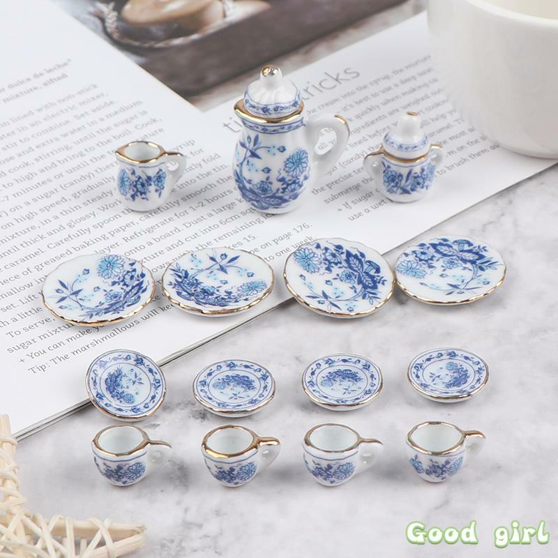 15Pcs 1:12 Miniature Porcelain Tea Cup Set  Flower Tableware Kitchen Dollhouse Furniture Toys For Children Tea Cups Dollhouse