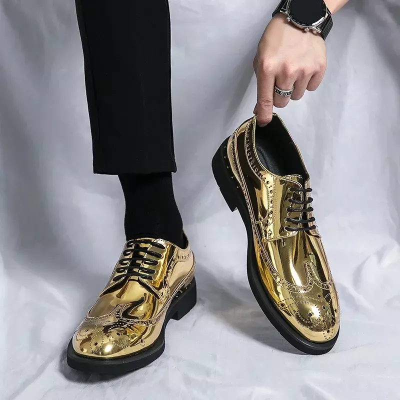 Zapatos de vestir de alta calidad para hombre, zapatos brogue formales, cómodos, de negocios, brillantes, dorados