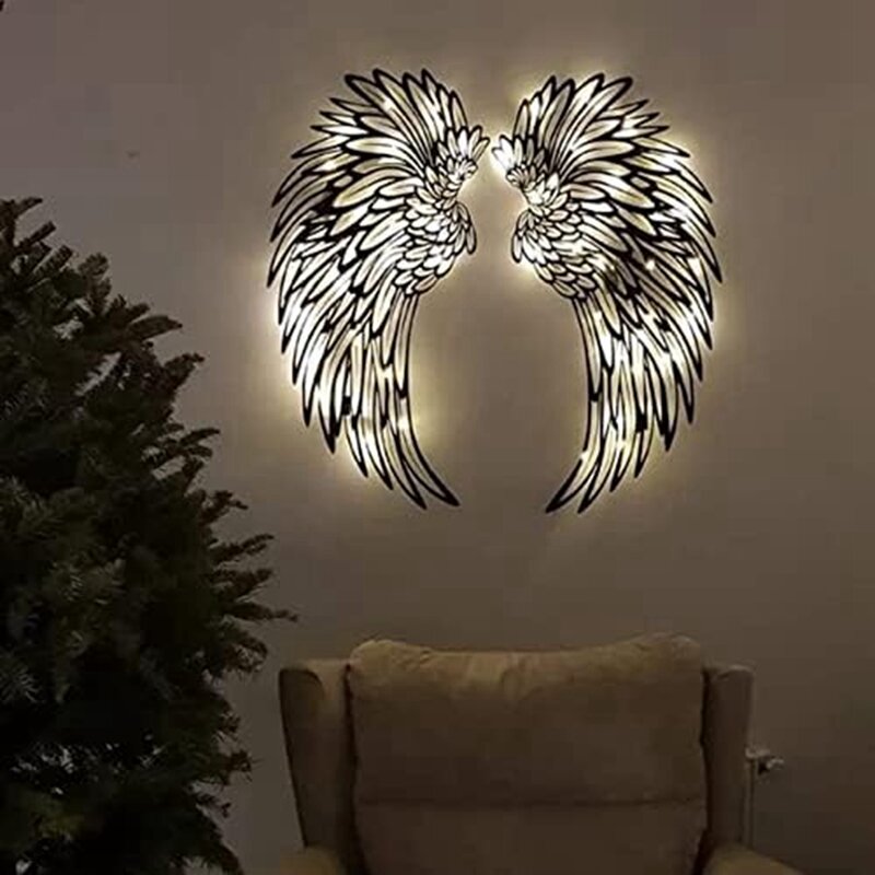 Iron Angel Wing Wall Decor, LED Angel Wing Wall Sculpture, Glowing Wing Art Indoor Outdoor Wall Hanging