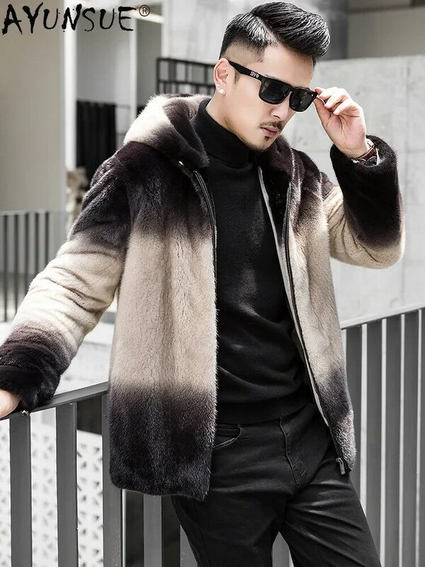 AYUNSUE-Casacos de pele de vison reais para homens, casaco de inverno com capuz, jaqueta casual masculina, pele natural, 2023