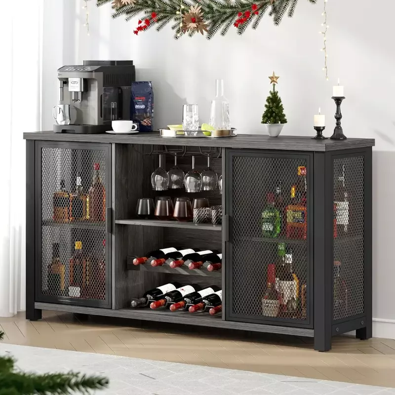 Home Bar Cabinet for Liquor and Glasses, Coffee Bar Cabinet w/Wine Racks, Mesh Door, Glass Holders, Industrial Storage Buffet