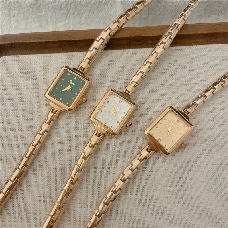 Cacaxi-Relógio quartzo retangular feminino, bracelete de luxo, ouro vintage pequeno