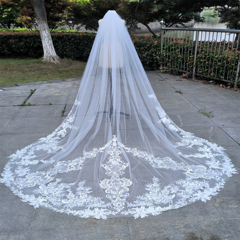 Velo de novia de una capa con borde de encaje blanco, velo de novia con aplique de marfil, velo de catedral, foto Real, 3m, 4m, 5m