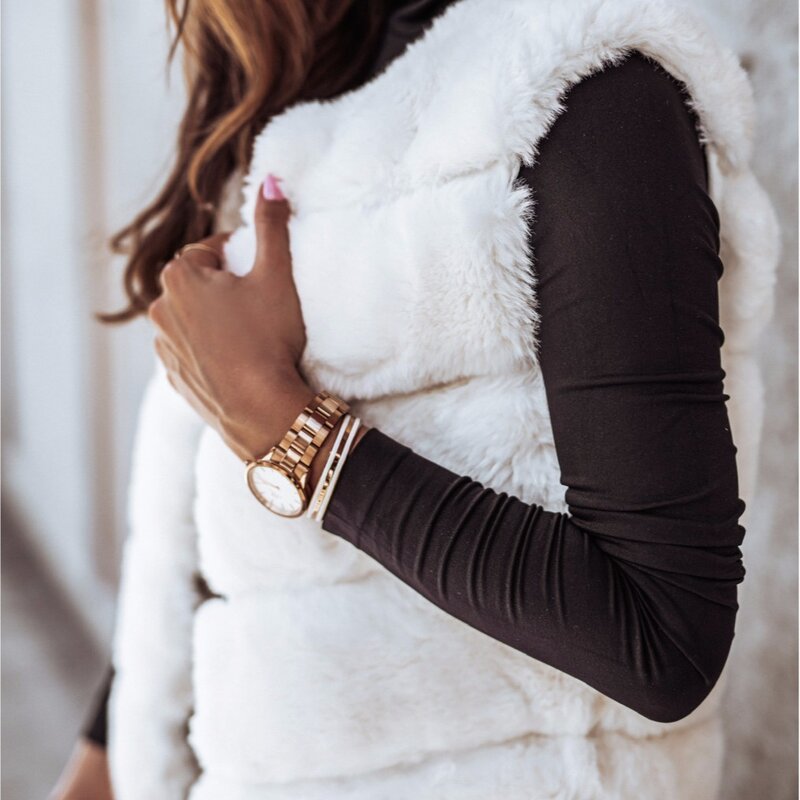 Women Long Faux Fur Fur Vests Coat Overcoat Sleeveless High Waist Autumn Winter Long Round Neck Solid Color