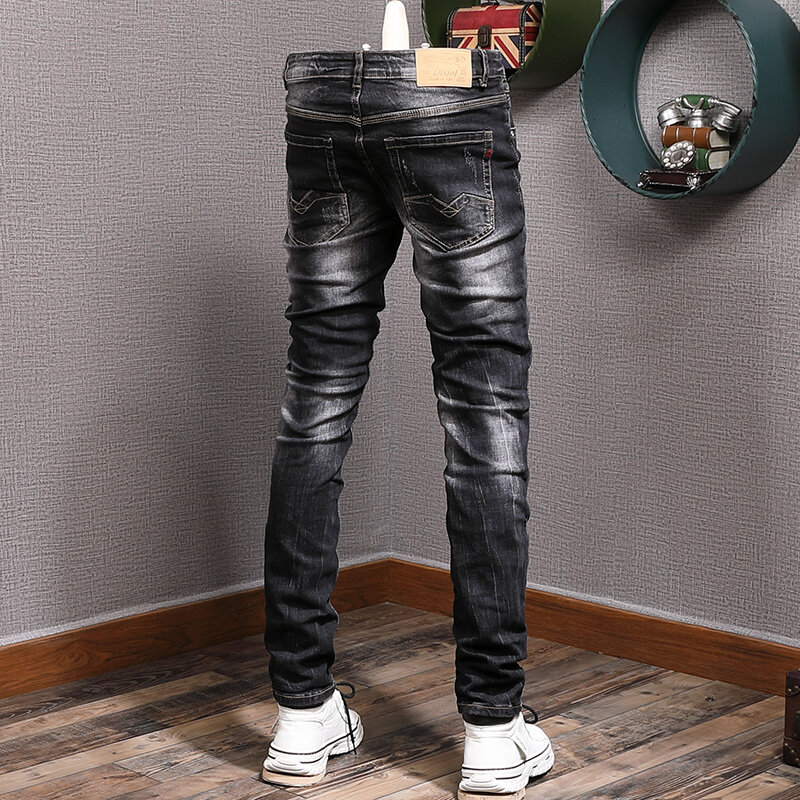 Projektant mody męskie jeansy Retro czarny szary elastyczny Slim Fit porwane jeansy męskie włoski styl Vintage casualowe spodnie jeansowe Hombre