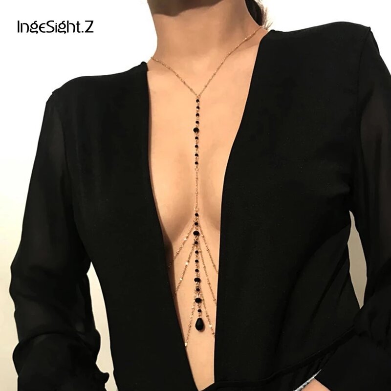 IngeSight.Z Simple Style Chain Necklace Belly Body Chain Fashion Sexy Copper Sequins Body Chain Jewelry for Women Beach Party