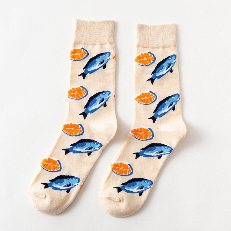 Kaus kaki pria Harajuku lucu isi 5 pasang/Pak kaus kaki katun halus seri makanan laut cumi-cumi Salmon Oyster jalanan kaus kaki hadiah