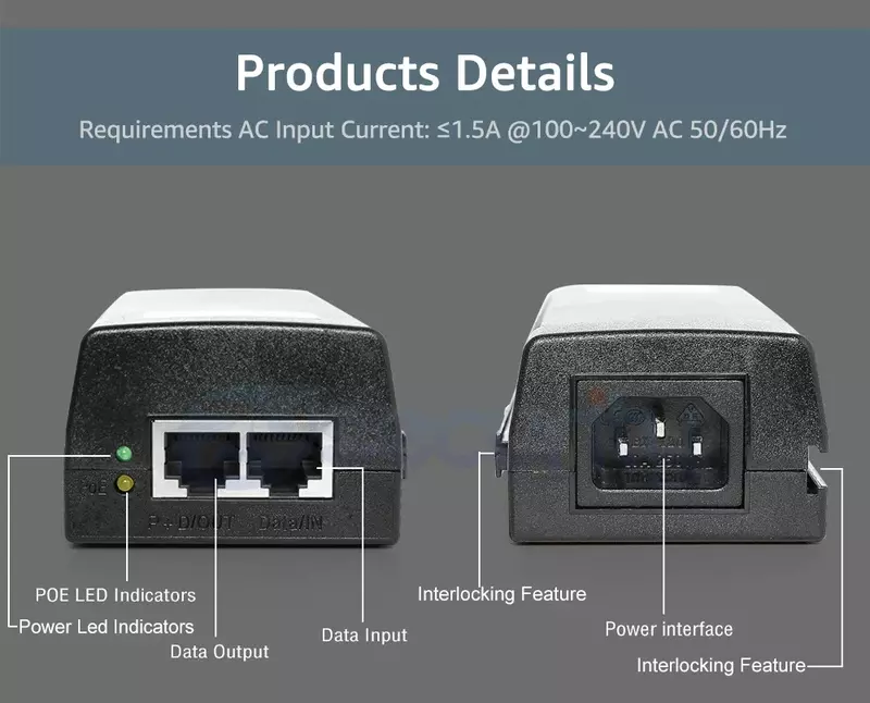 1000Mbps Gigabit 90W High Power POE Injector At 4-pairs standard DC 54V Output 100-240V Input POE Power For CCTV PTZ IP Camera