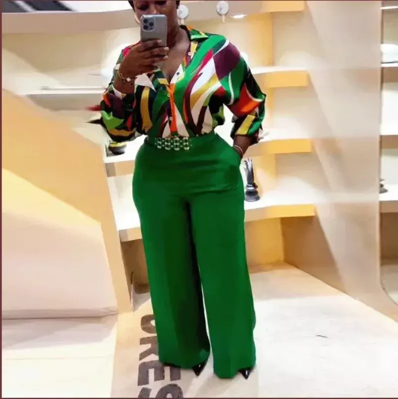 2 Stück afrikanische Kleidung für Frauen Herbst elegante Afrika Langarm V-Ausschnitt Druck Top lange Hose passende Sets afrikanische Kleidung