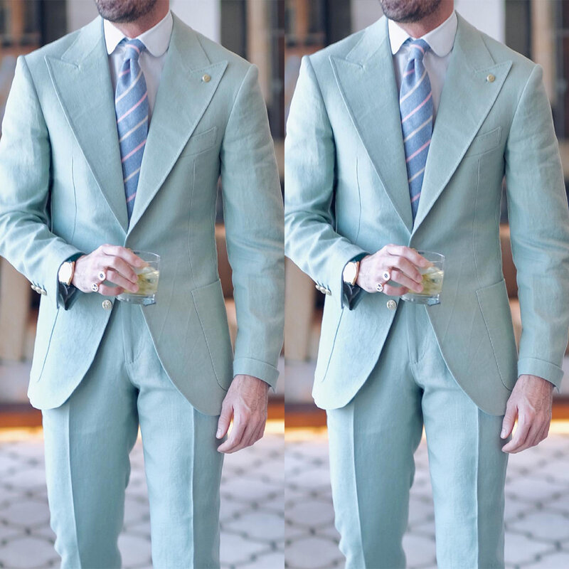 남성용 블루 웨딩 수트 턱시도, 피크 라펠 싱글 브레스트 단색, 맞춤형 2 피스 블레이저 바지, 잘 생긴 신랑 맞춤형