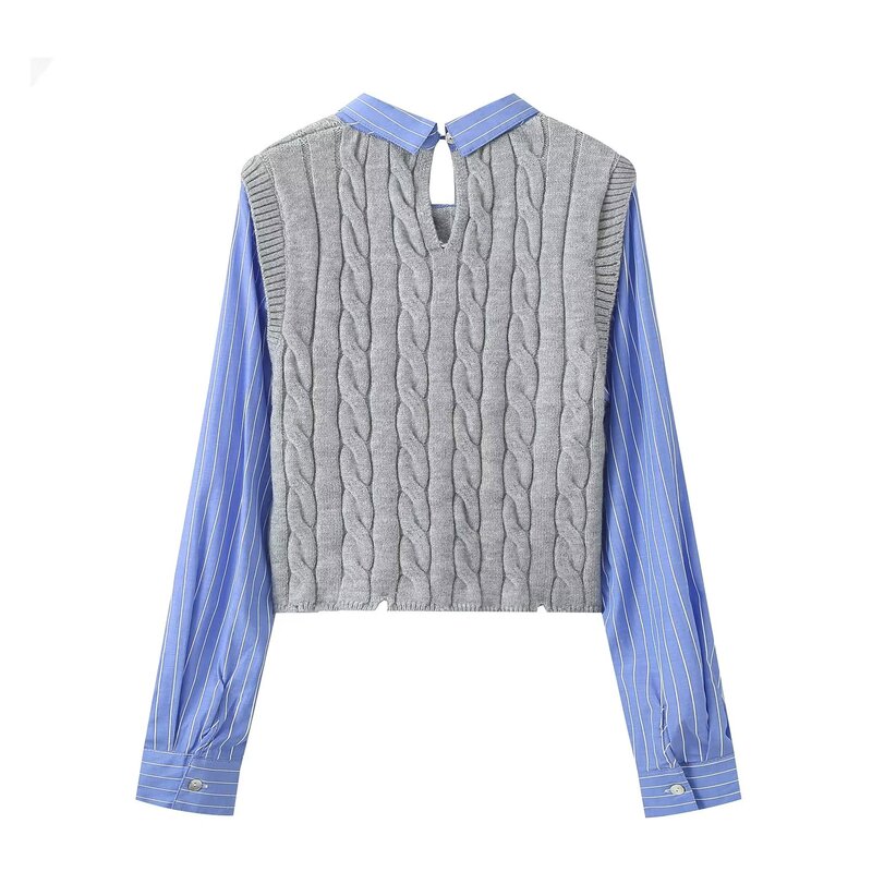 Kobiety 2023 nowa moda popelina tkanina patchworkowa przycięte dzianinowy sweter w paski Vintage z długim rękawem damskie swetry eleganckie koszule