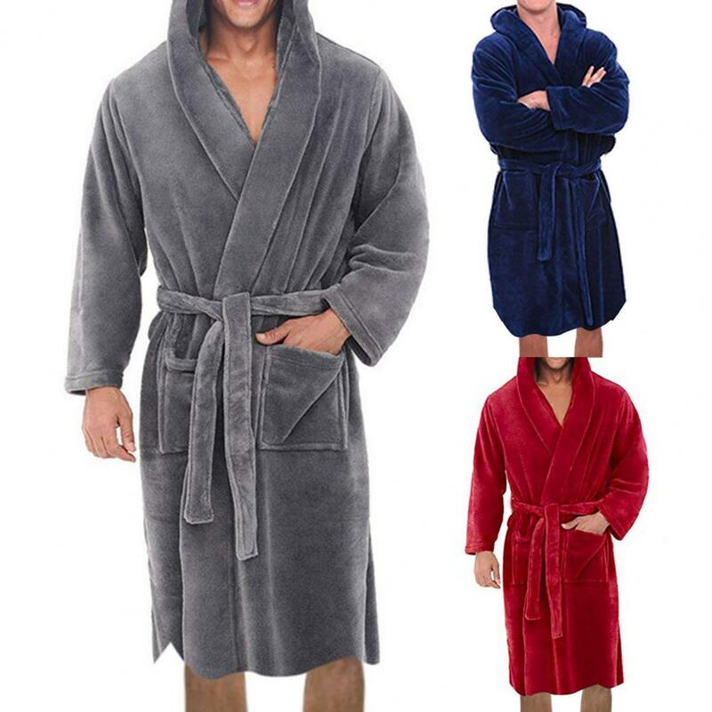 Solid Color Belt Flannel Bath Robe Hooded Pockets Warm Men Nightgown Pajamas Robe Long Thick Absorbent Terry Bath Home Clothes