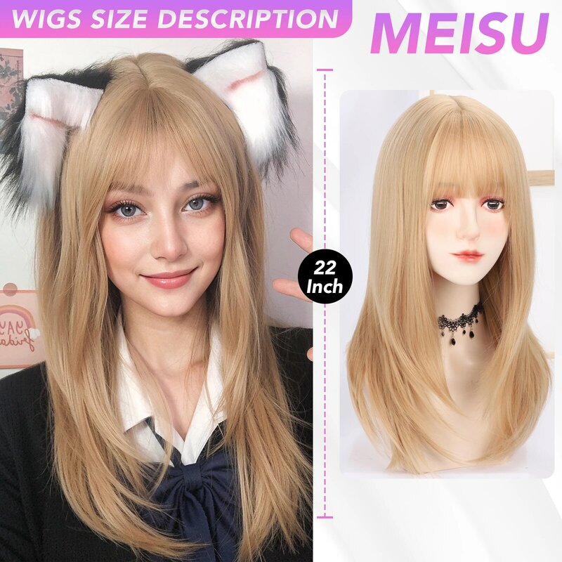 MEISU-peruca longa franja reta para mulheres, peruca de fibra sintética, resistente ao calor, sem brilho, peruca natural cosplay, uso diário, 22"
