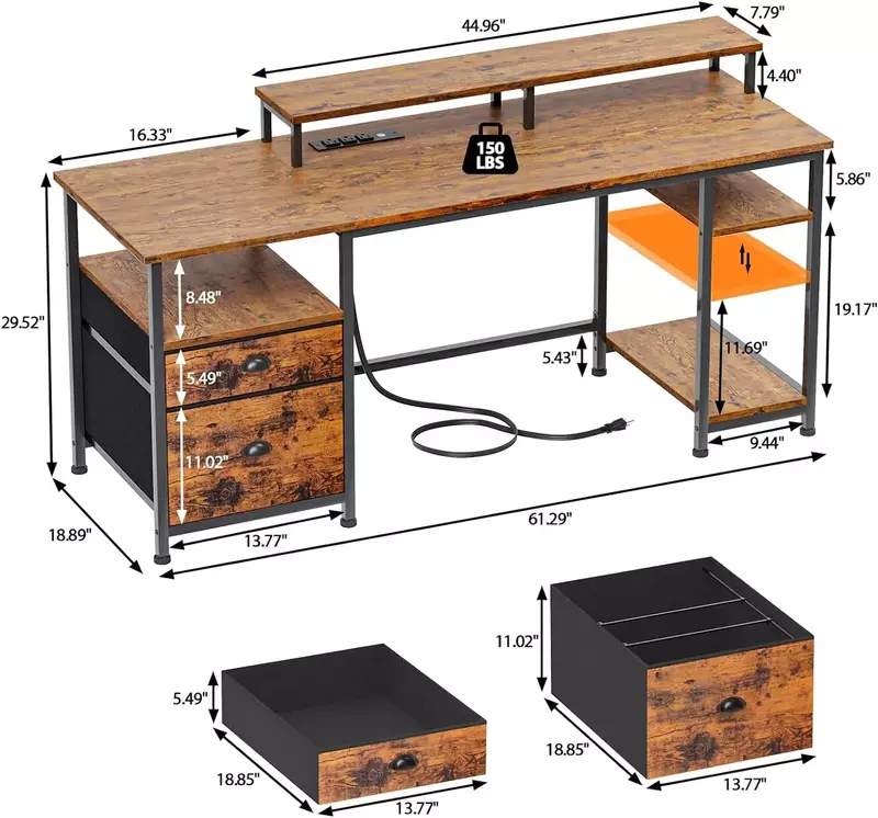 Furologee-Mesa do computador com tomada e portas USB, grande mesa com prateleiras e gaveta, escrita e estudo, suprimentos de móveis, 61 polegadas