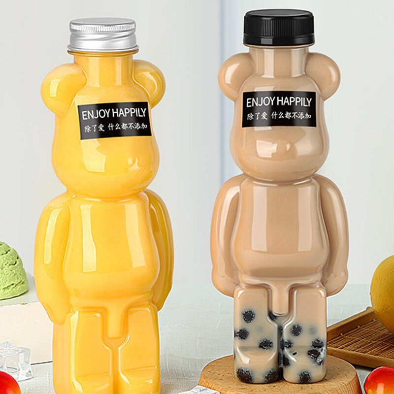 Milk Tea Bottle Puppet Bear Shaped Transparent Thickened Juice Bottle Creative Puppet Bear Cup Milk Tea Milk Cup Water Bottle