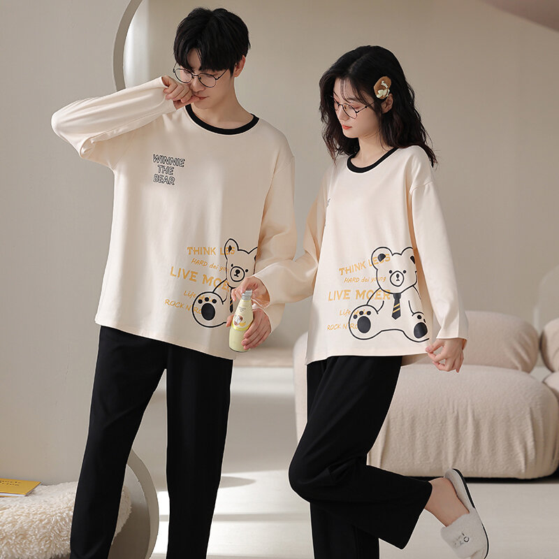 Couple style minimalist round neck black pajamas, all cotton long sleeves+pants set spring and autumn casual home clothing M-3XL