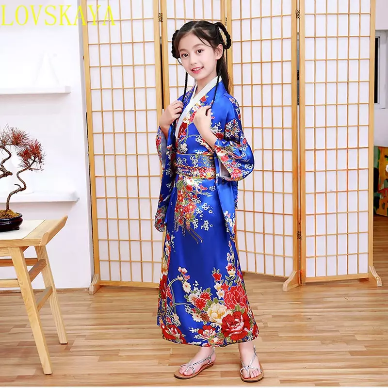 女の子のための着物ダンスドレス,日本のエスニックスタイル,レトロな花柄,ステージショーの衣装