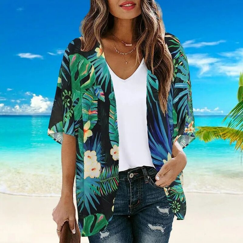 Camisa de praia feminina com estampa de flores, camisa manga curta, ponto aberto, fina respirável, proteção solar, anti-uv, solta, para senhora