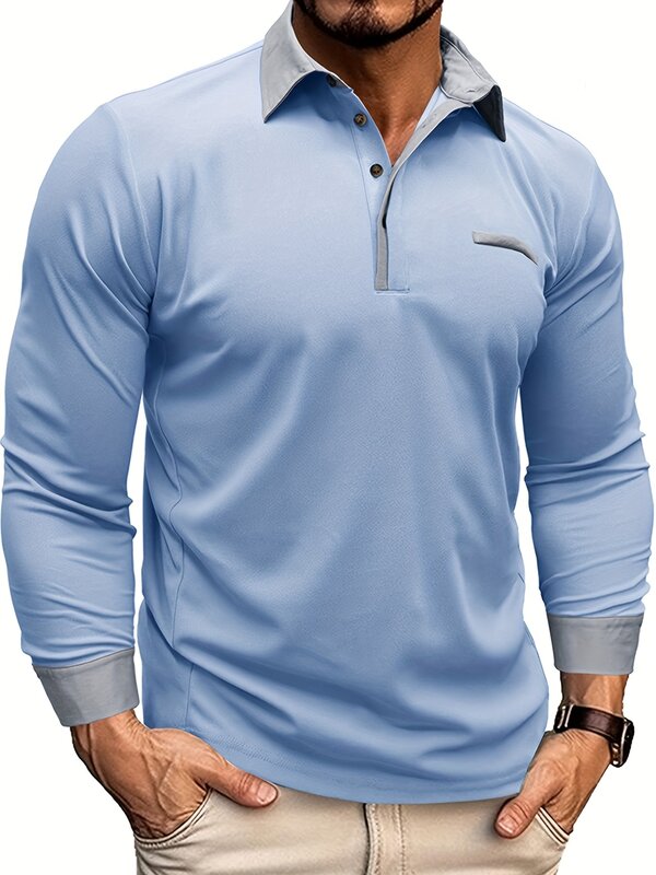 Camisa polo de manga comprida casual masculina com gola de lapela, grande
