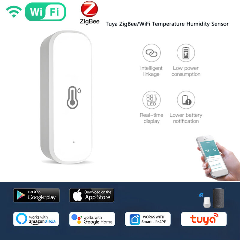 Tuya ZigBee Sensor de Temperatura e Umidade WiFi, Casa Inteligente, Controlador Higrômetro Interior, Controle de Voz, Termômetro Via Alexa e Google