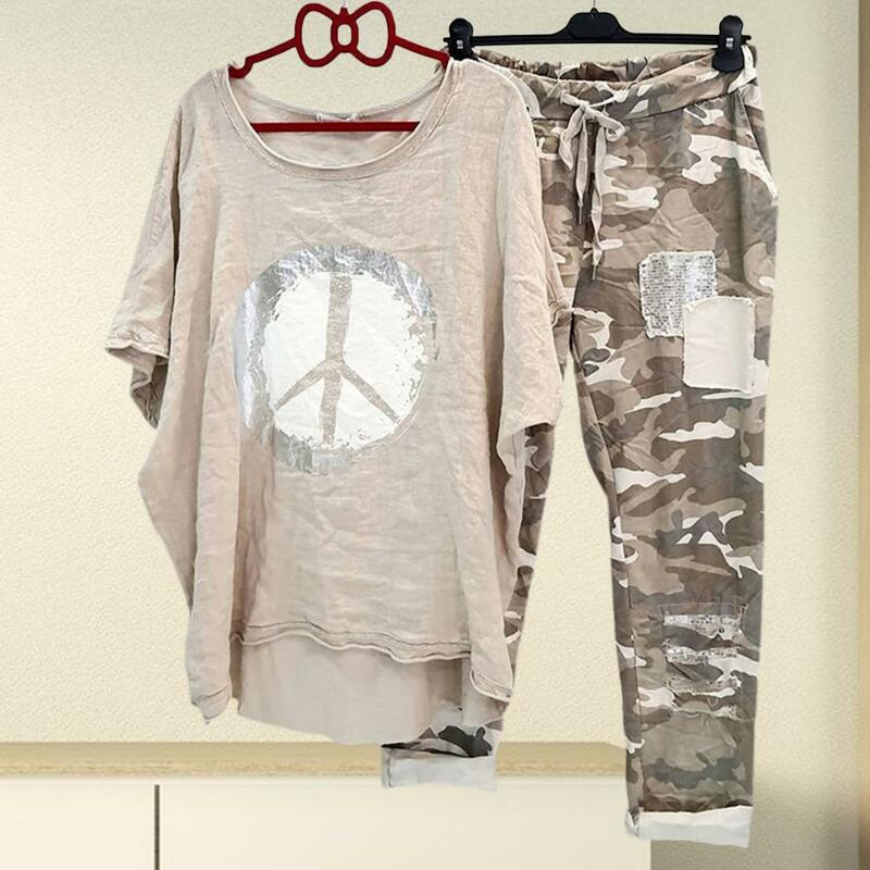2 peças O-Neck T-shirt Calças Set, assimétrico Lace-Up Calças