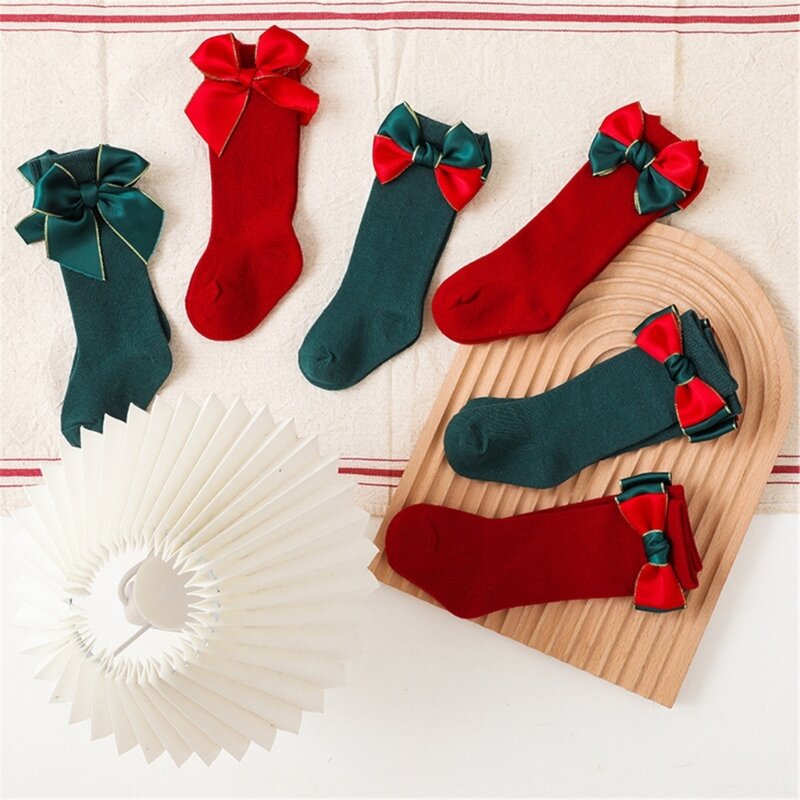 2 pares calcetines largos hasta rodilla para bebé, decoración con lazo, calcetines con lazos navideños