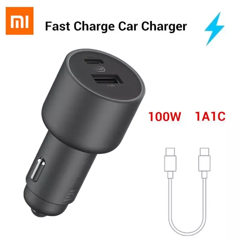 Original Xiaomi 100W Car Charger Dual USB Quick Charge Mi Car Charger USB-A USB-C Dual Output LED Light With 5A Cable