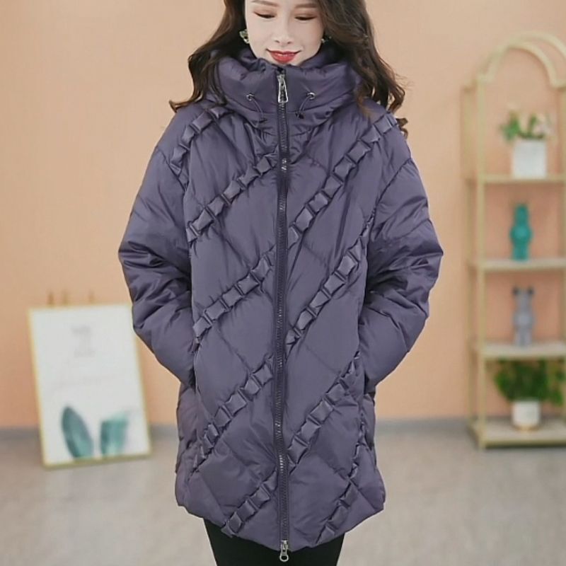 Jaket Down wanita, mantel Musim Dingin versi panjang sedang longgar parka bertudung hangat nyaman 2023
