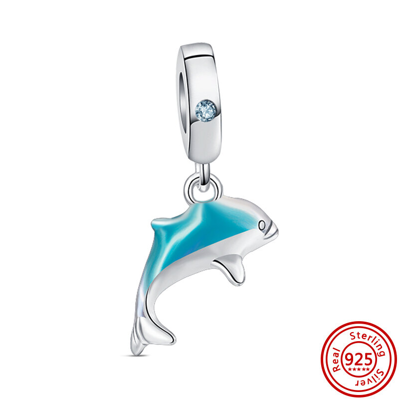 925 Sterling Silver Dolphin Seahorse ikan laut hiu ikan tropis jimat menjuntai manik-manik biru cocok Pandora asli perhiasan gelang