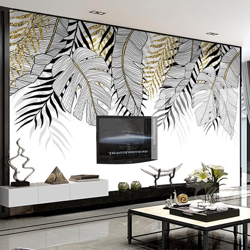 Papel de parede com foto personalizada, papel de parede moderno pintado à mão com folhas para sala de estar, sofá, plano de fundo de tv, quarto, decoração de casa em 3d