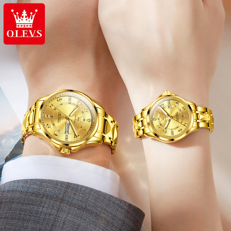 OLEVS jam tangan pasangan asli, jam tangan kuarsa tali baja tahan karat emas mewah tahan air untuk pasangan pria dan wanita kekasih romantis
